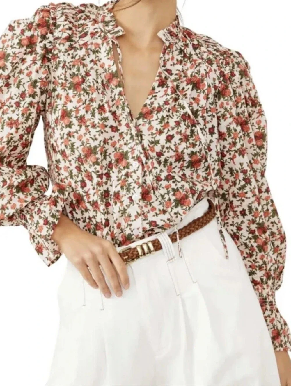 Free People Meant To Be Floral Ruffle V-Neck Long-Sleeve Blouse